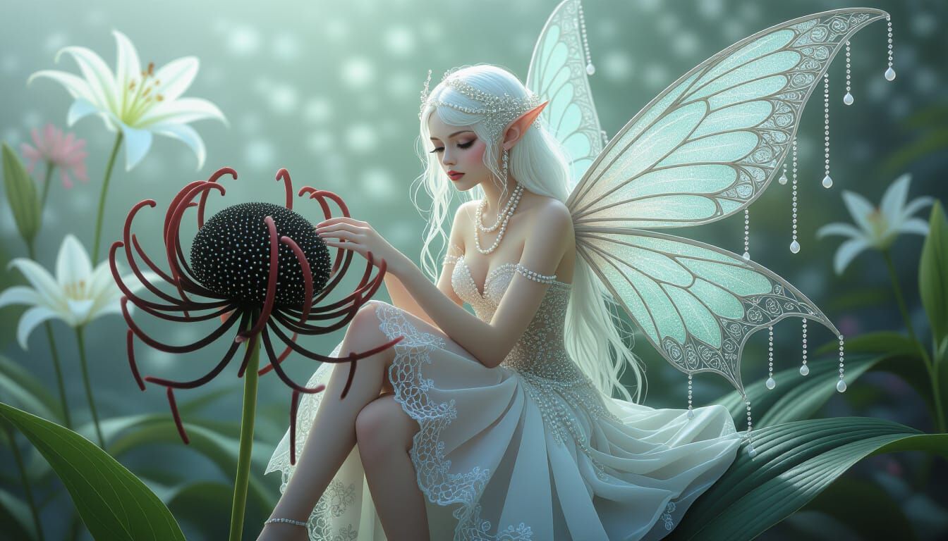Fairy in Black Spider Lily with Ethereal Mist