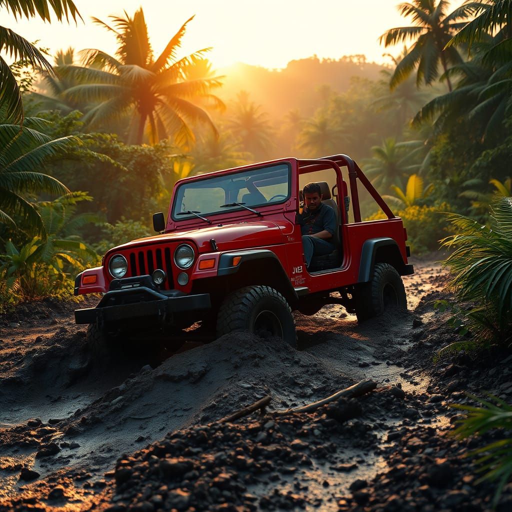 Red Jeep Stuck in Mud: Jungle Adventure