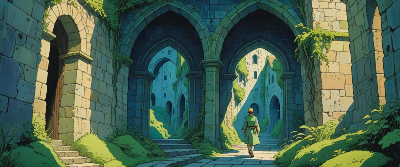 Ghibli-esque Castle Passageway in Comic Book Style