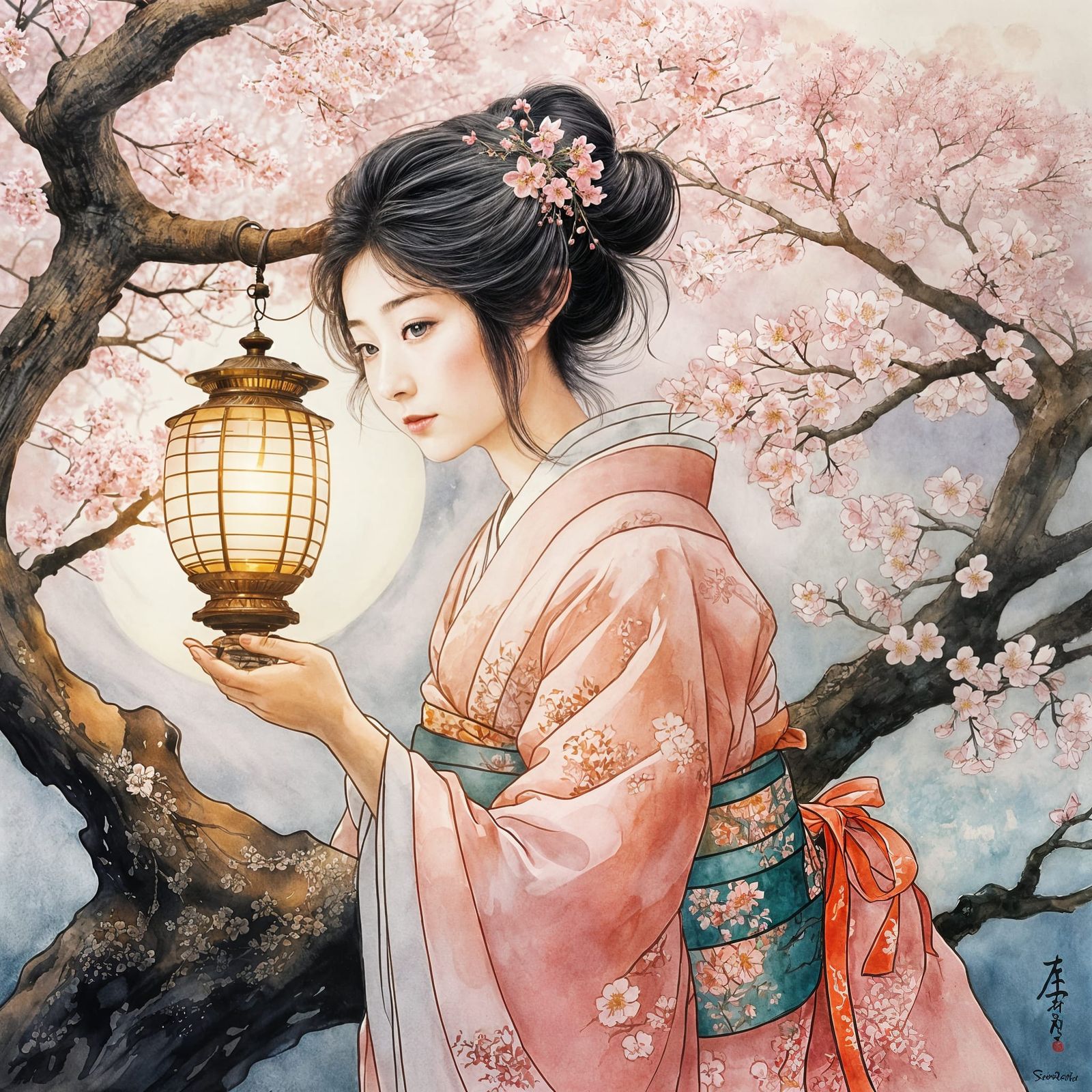 Japanese Lady with Lamp under Sakura Tree