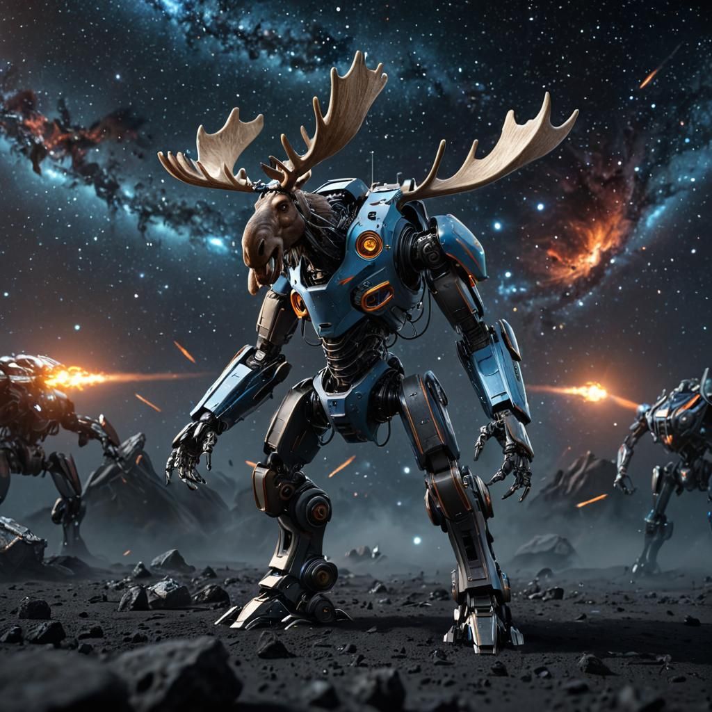 Moose Robot Battles Aliens in Sci-Fi Outer Space
