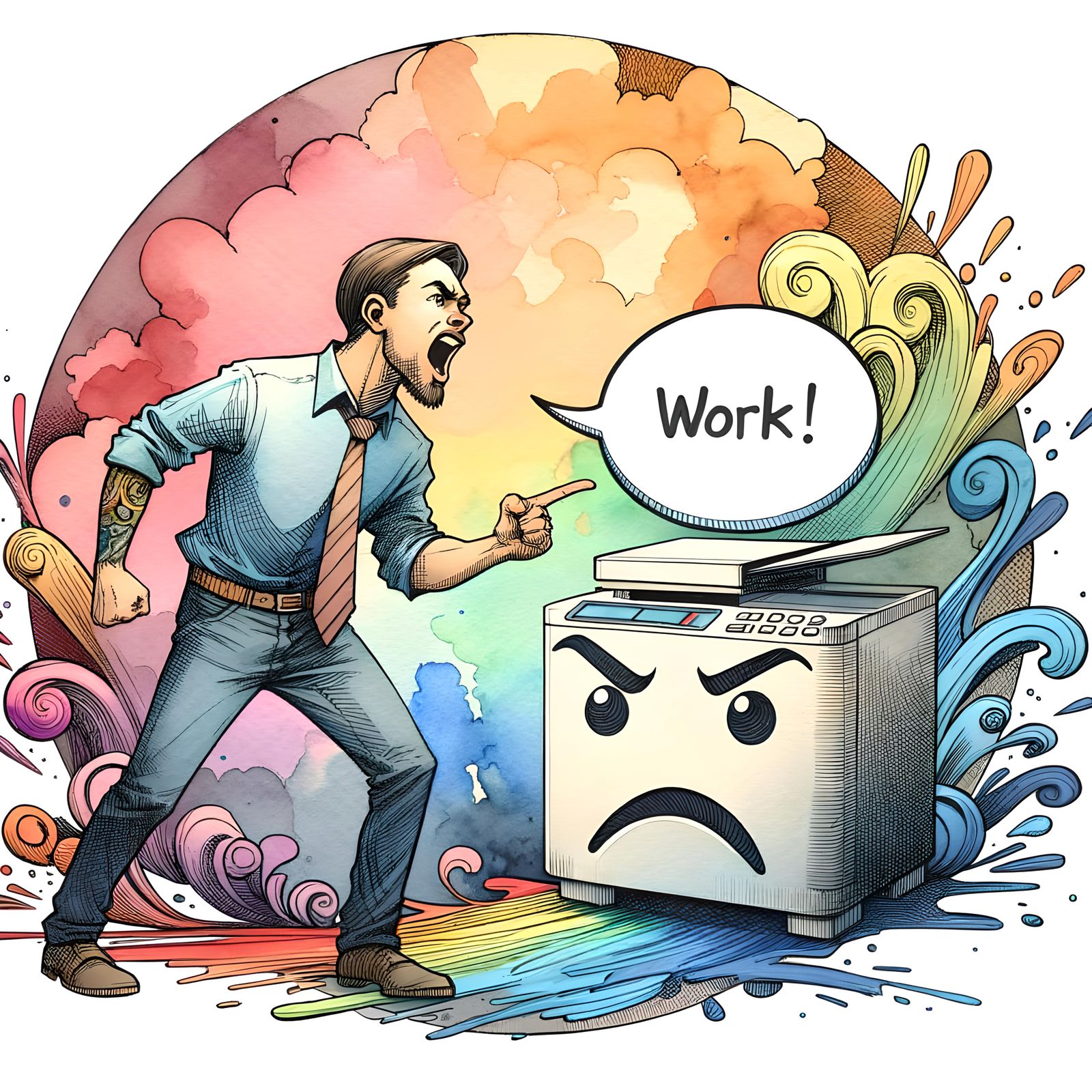 Animated Printer Refuses to Work, Watercolor Style