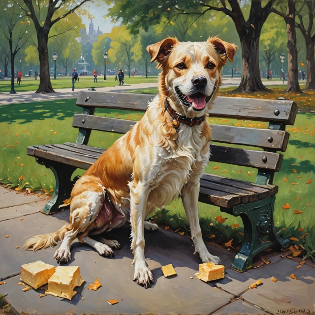 Dog Catching Cheese Lumps: An Oil Painting