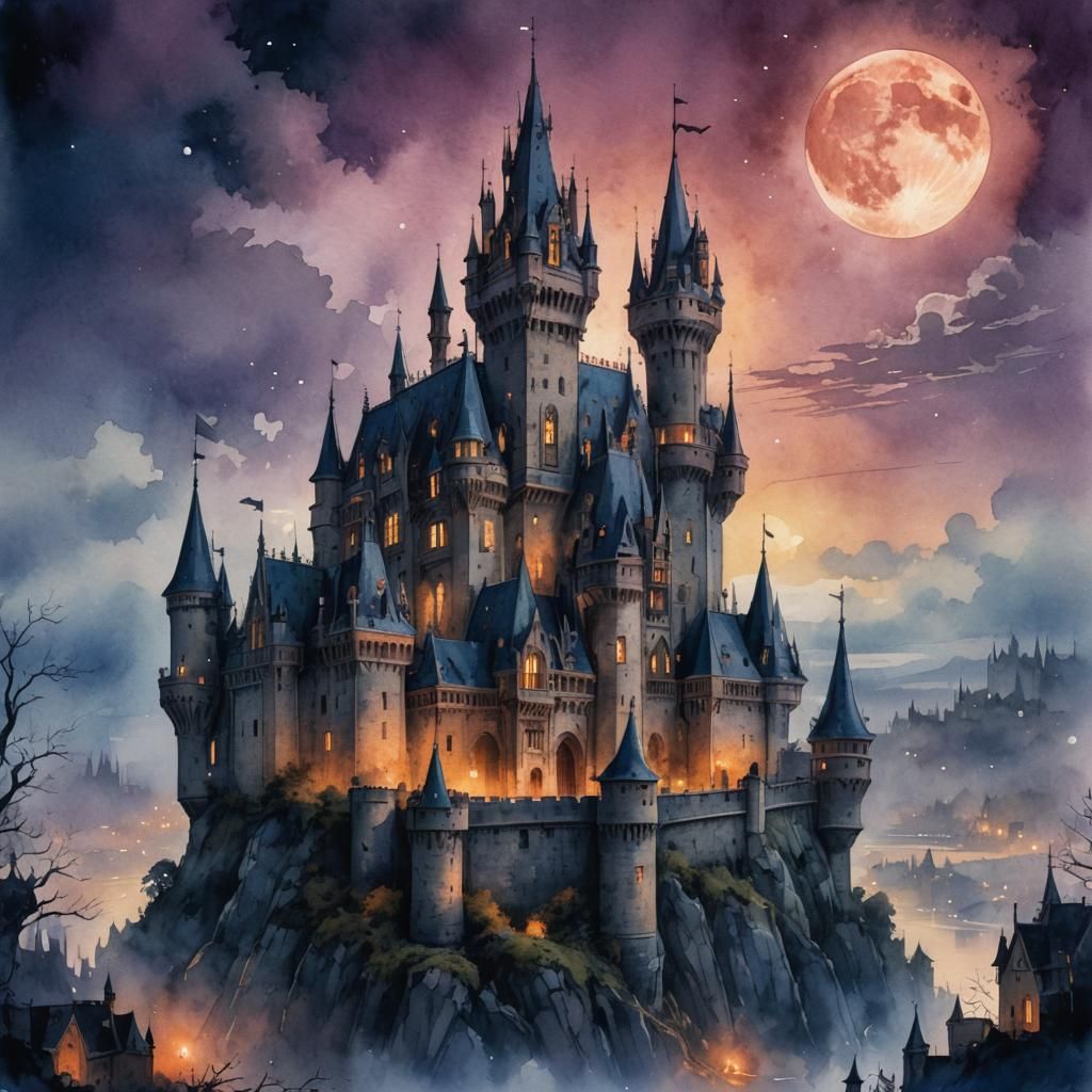 Gothic Castle Bloodmoon in Digital Watercolor