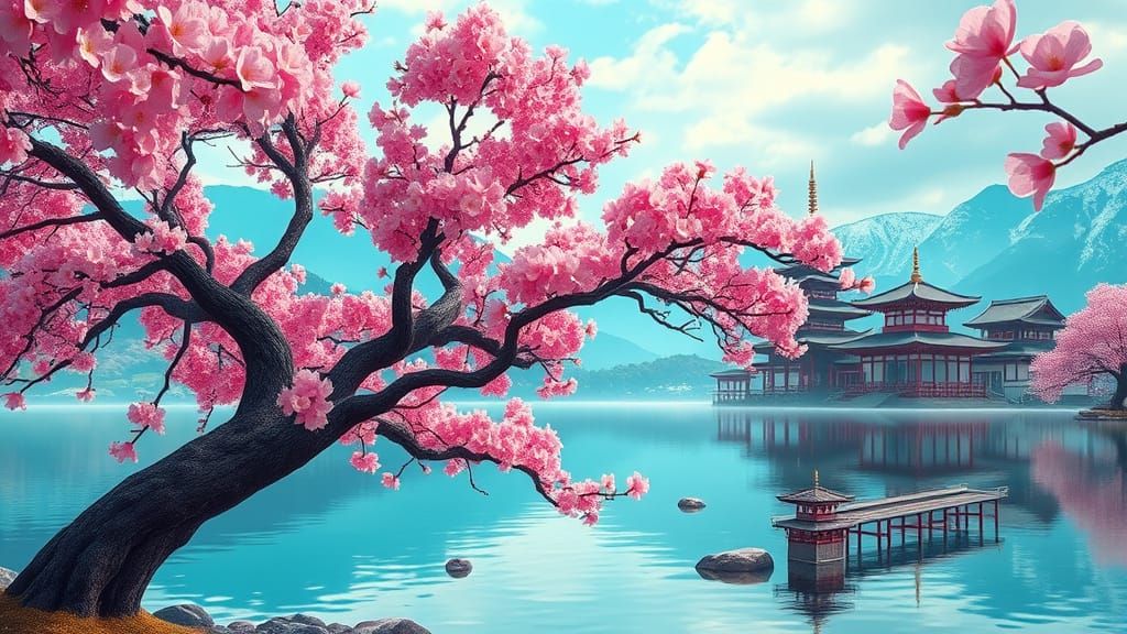 Whimsical Sakura Tree Poster Art in Candyland Style