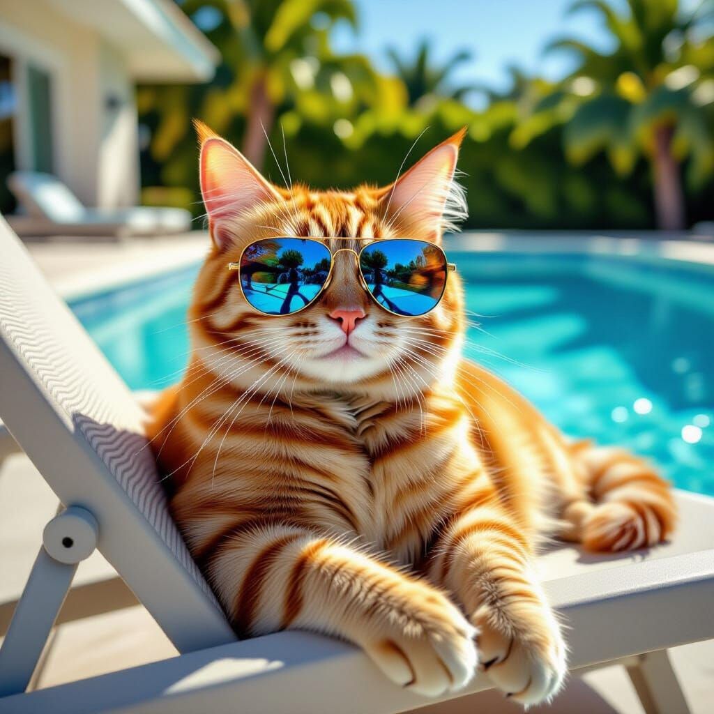 Ginger Cat in Sunglasses by Poolside in Pop Art Style