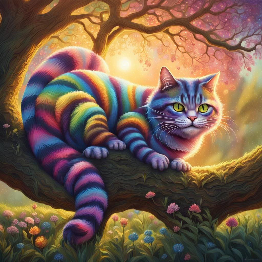 Rainbow Striped Cheshire Cat in English Garden