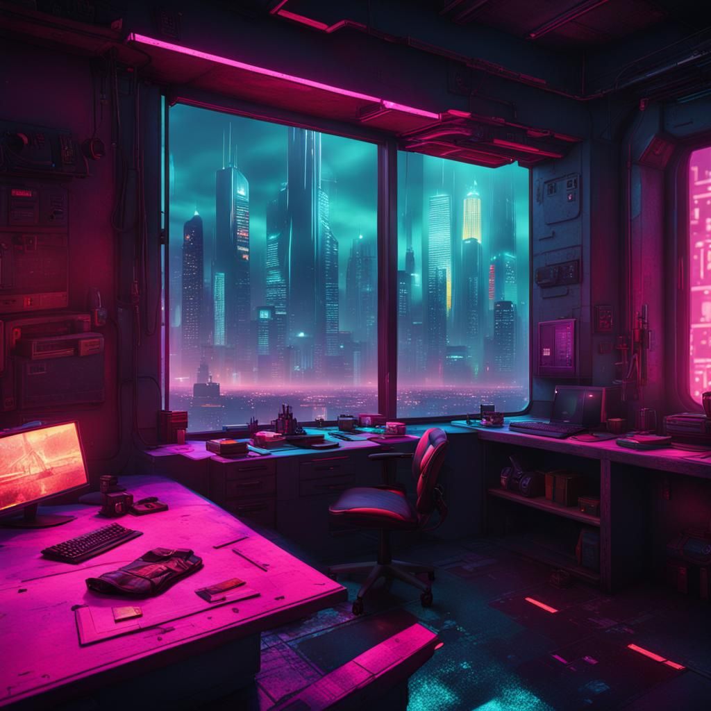 Cyberpunk Apartment Overlooking Dystopian Cityscape