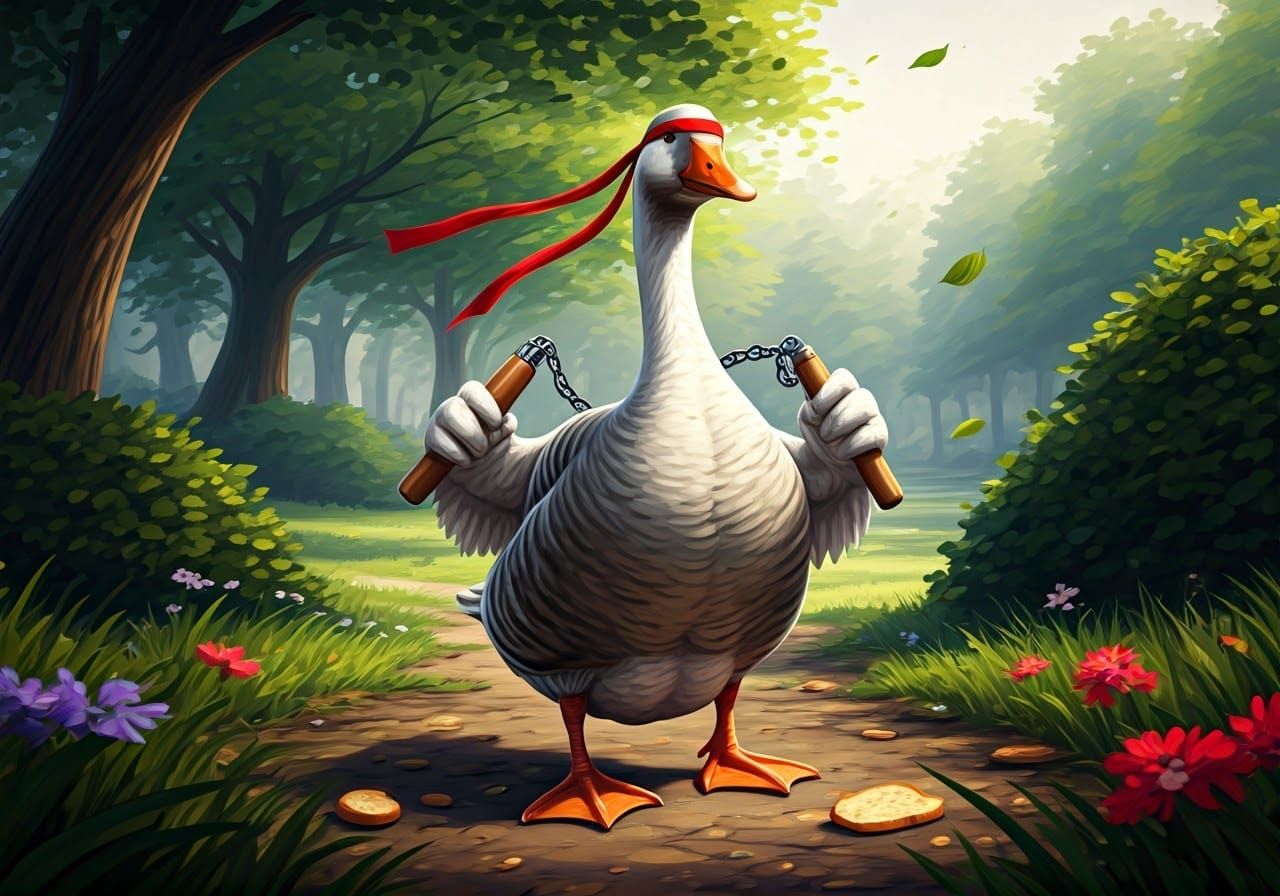 Vibrant Goose in a Whimsical Park Scene, Inspired by Epic Wl...