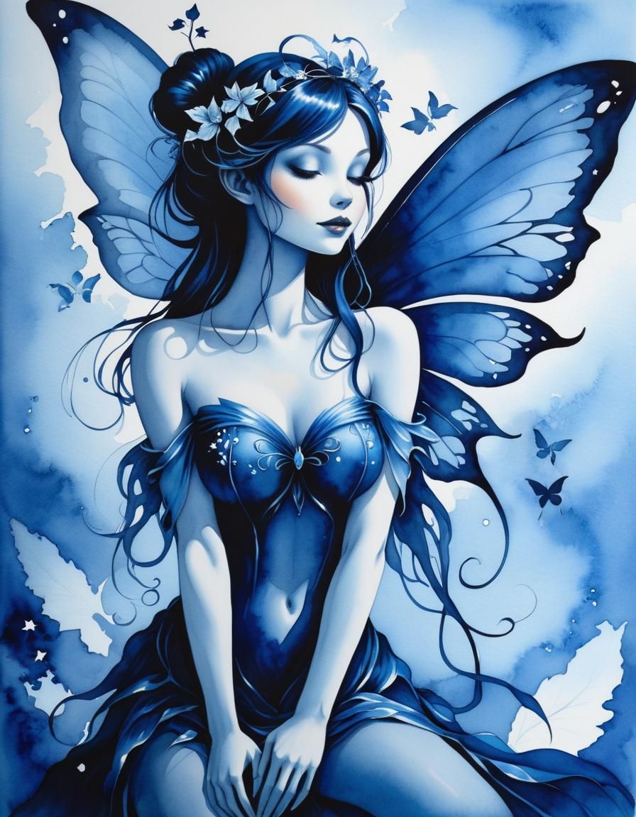 Enchanted Fairy Silhouette in Blue Watercolor Nightscape