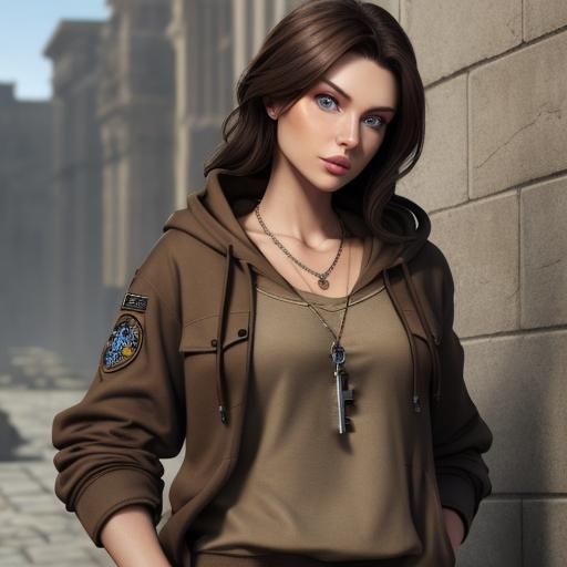 Girl with Key Necklace and Brown Hoodie