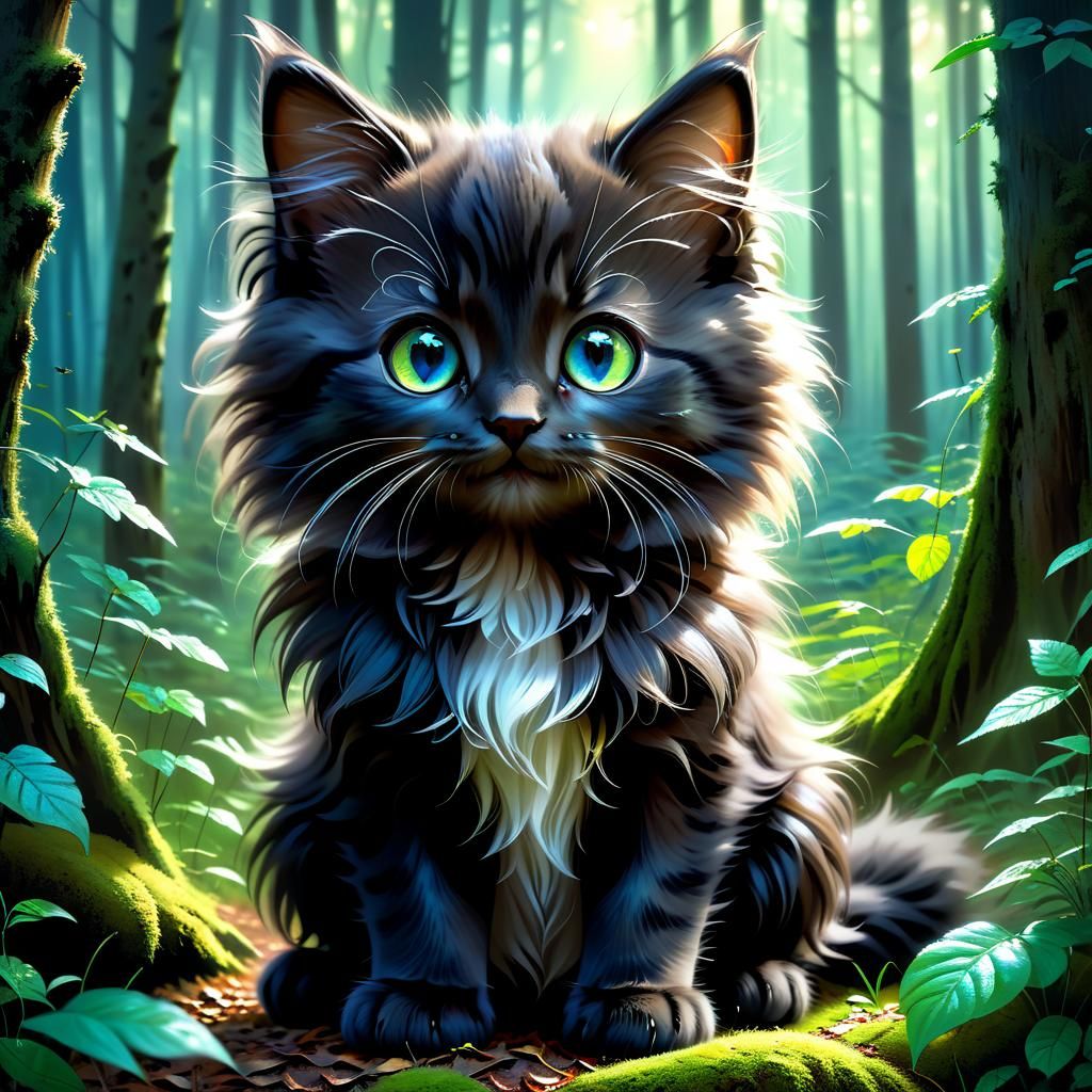 Adorable Alien Kitten in Enchanted Forest, Dark Fantasy