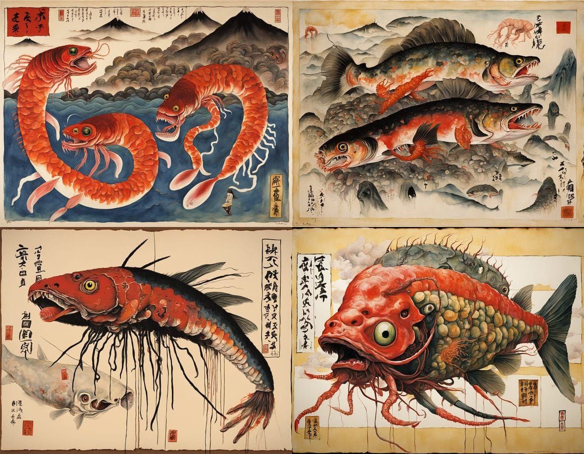 Surreal Japanese Monster Fish in Cyberpunk Style