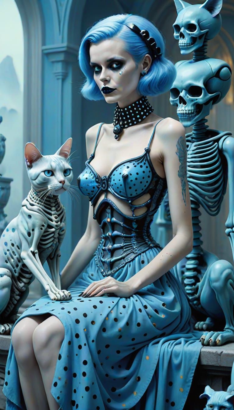 Fantasy Skeleton Woman with Blue Cats