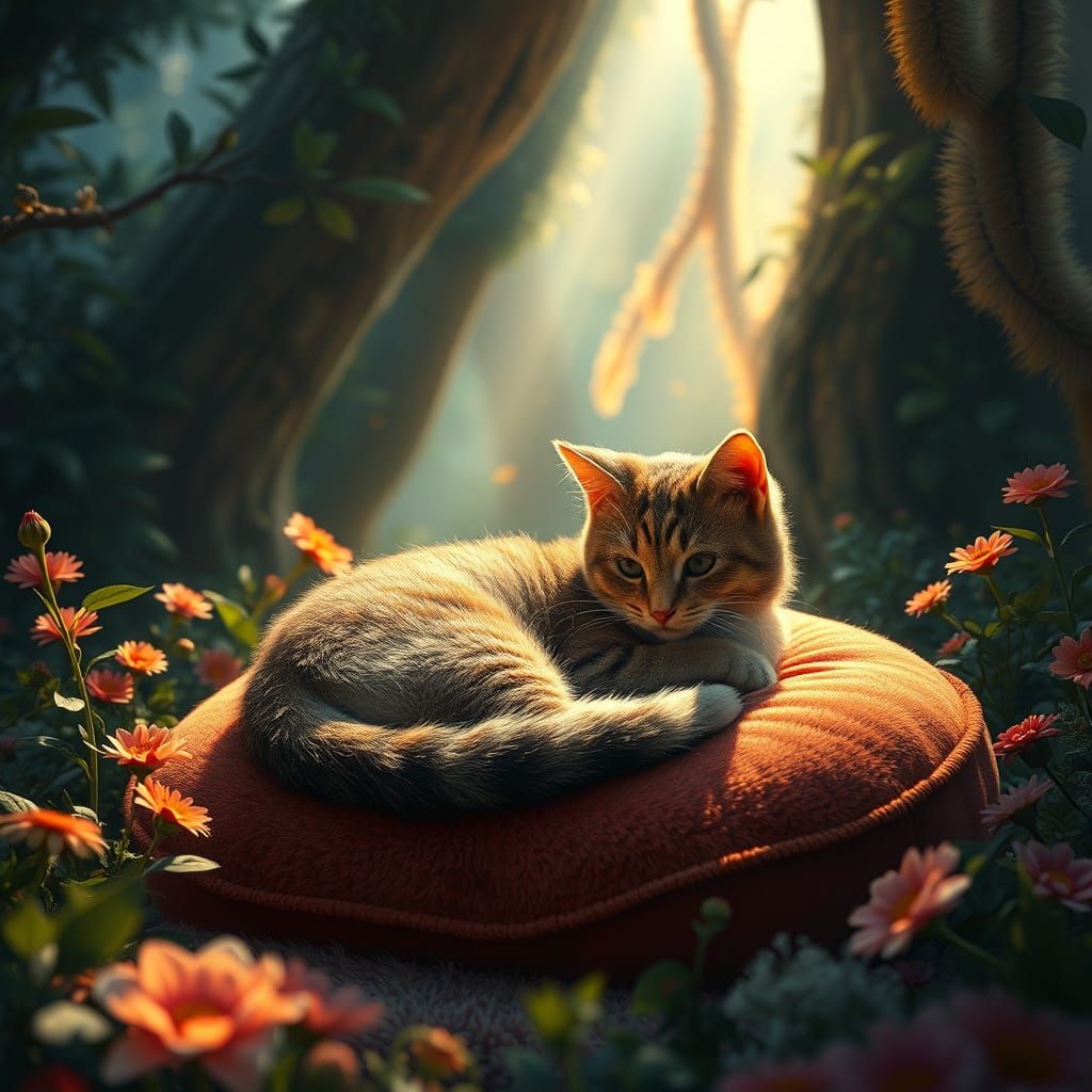 Surreal Whimsy of a Feline Friend in a Mystical Forest