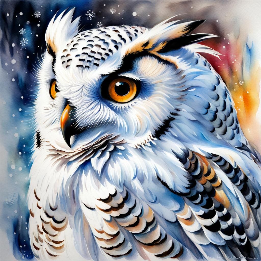 Snow Owl in Winter Watercolor Landscape