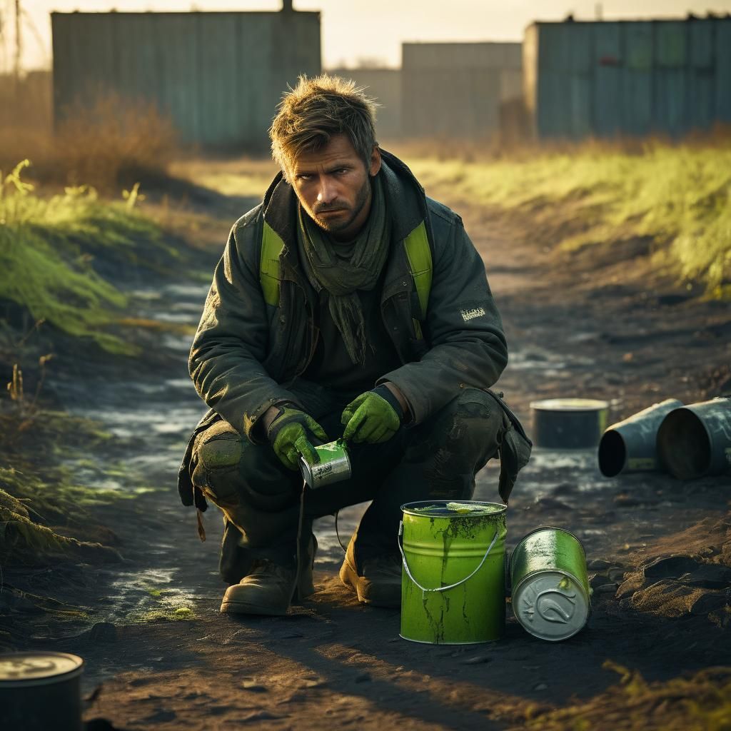 Post-Apocalyptic Scavenger with Lime Green Paint Cans