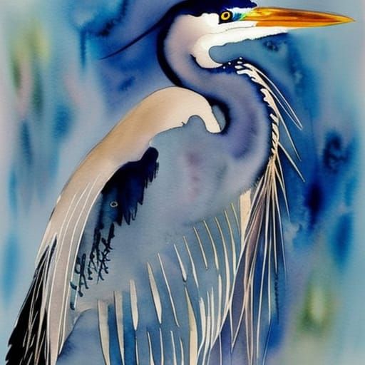 Watercolor Great Blue Heron Portrait in Ink Splash Style