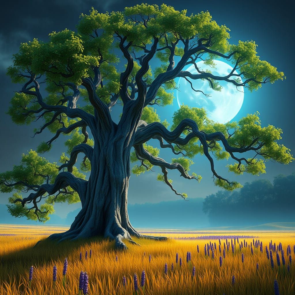 Majestic Blue Moon Tree in Serene Field