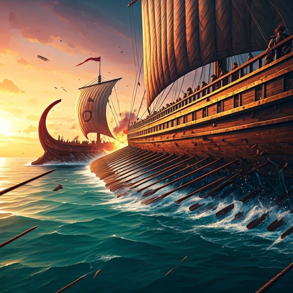 The Athenian  ship rammin a Spartan ship flaming arrows Spartan ship on fire viewed from the Oceanside,  during a beauti...