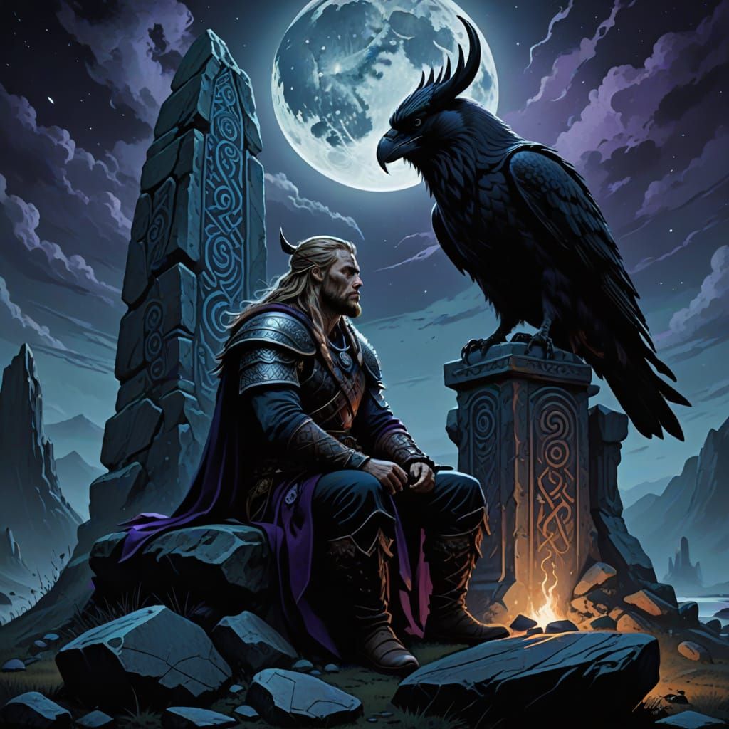 Viking Warrior and Woman in Dark Fantasy Landscape