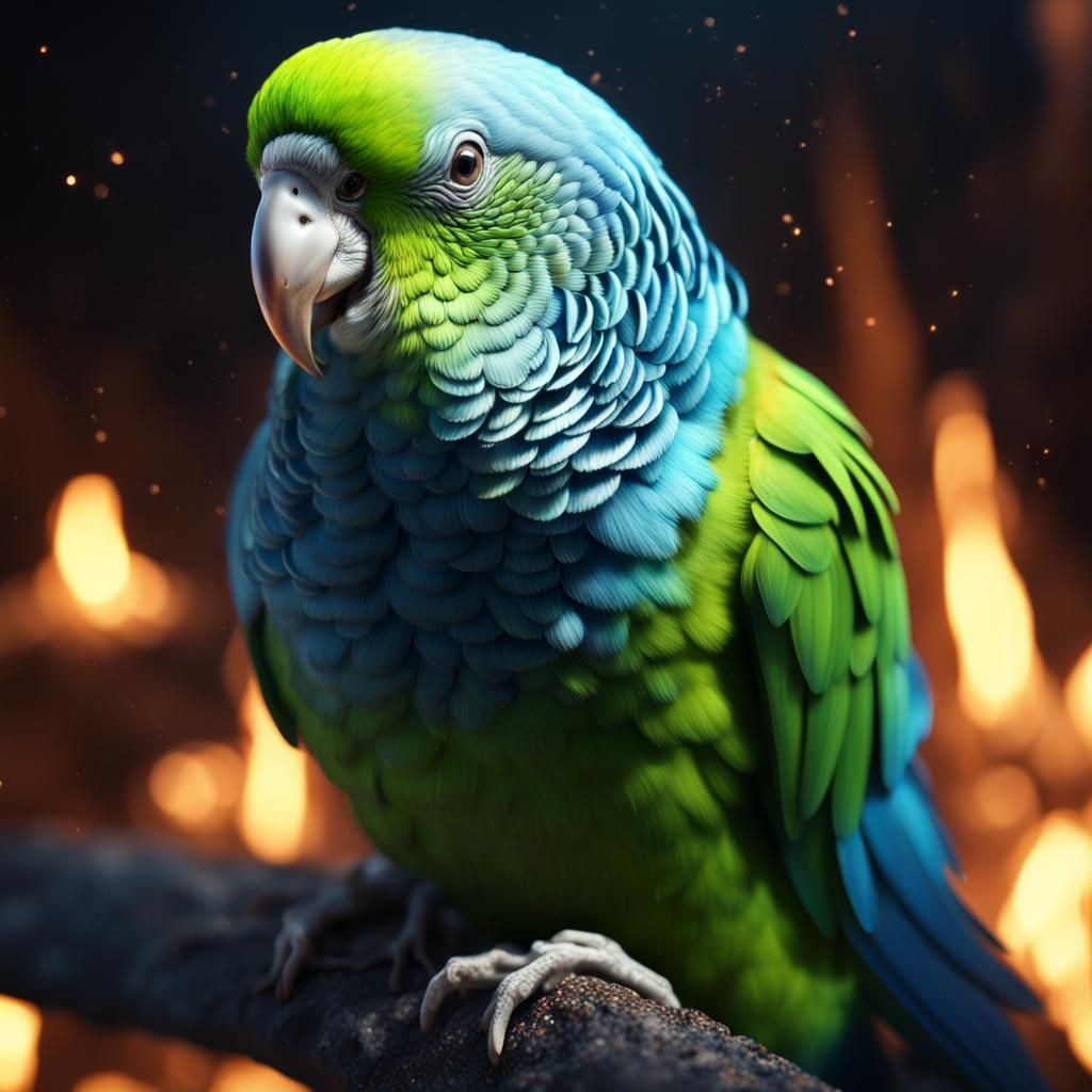 Fiery Blue Parakeet: Photorealistic CGI Masterpiece