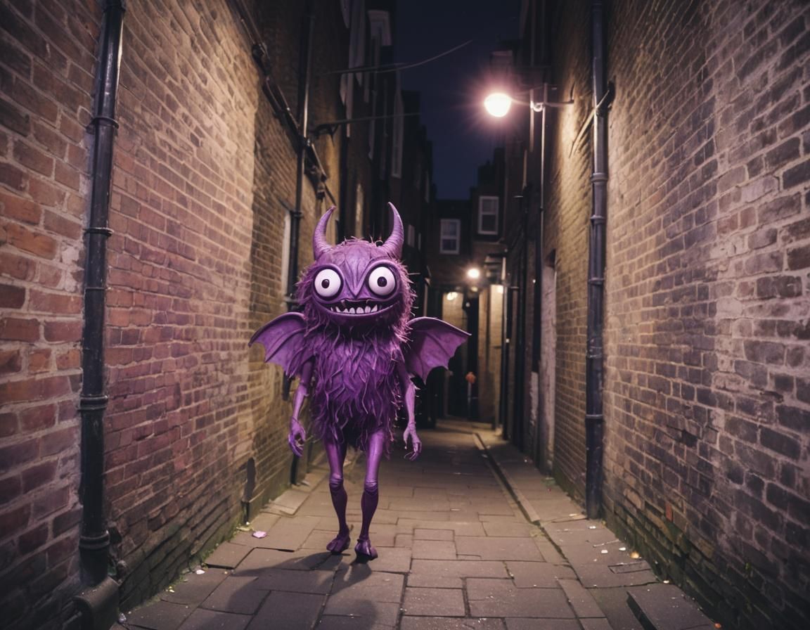 Whimsical Purple Creature Soaring in London: Lo-Fi Analog Ph...