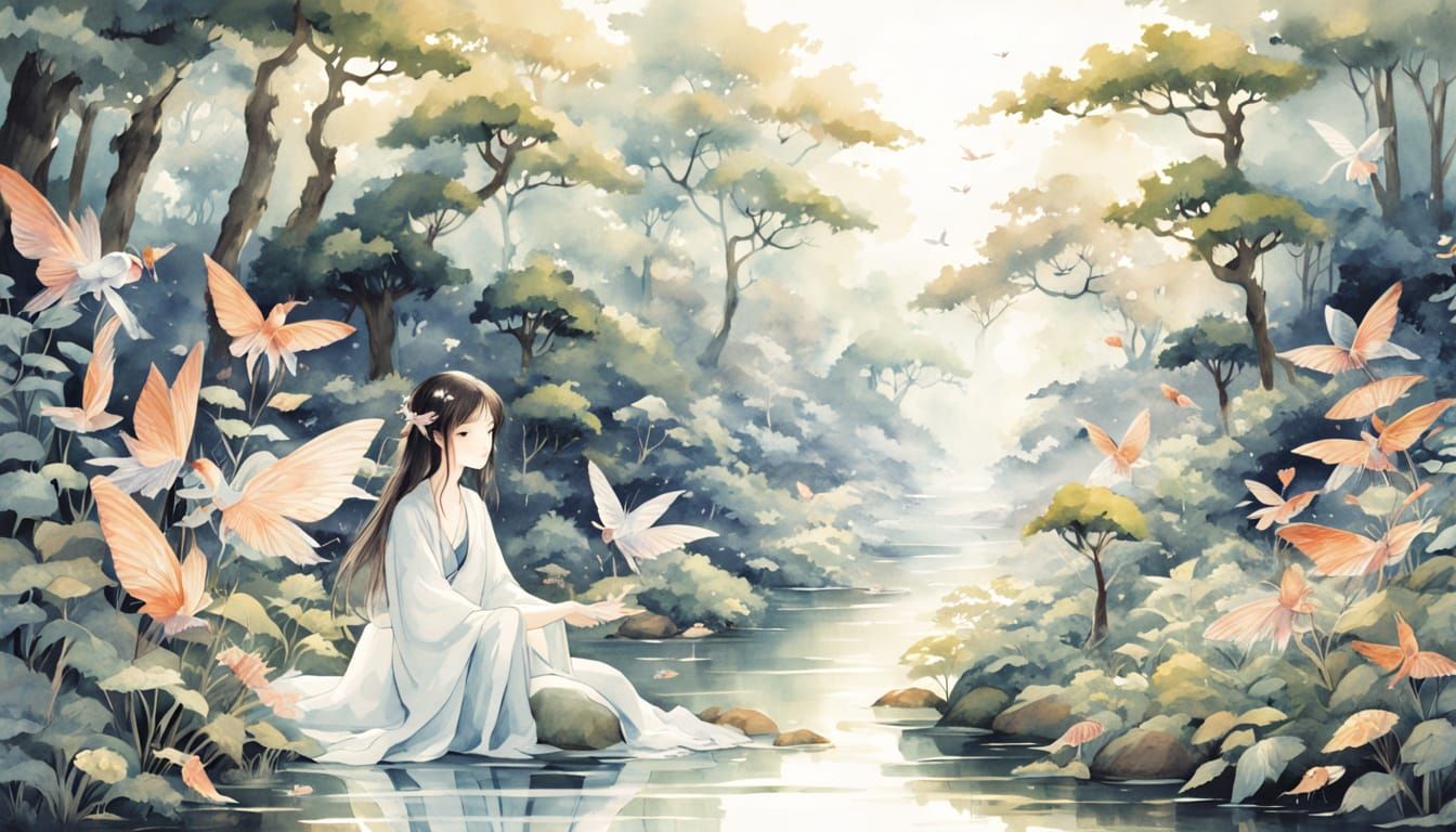 Enchanted Forest Fairy in Japanese Watercolor Style