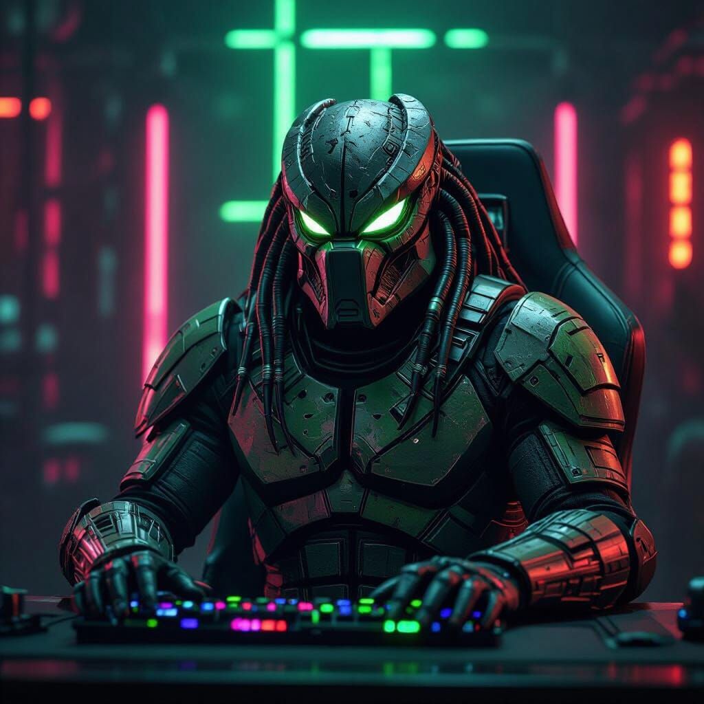 Yautja Predator Gaming in Cyberpunk Style