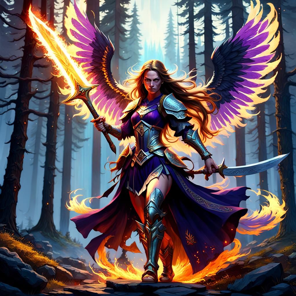 Warrior Angel with Cats, Dark Fantasy Art