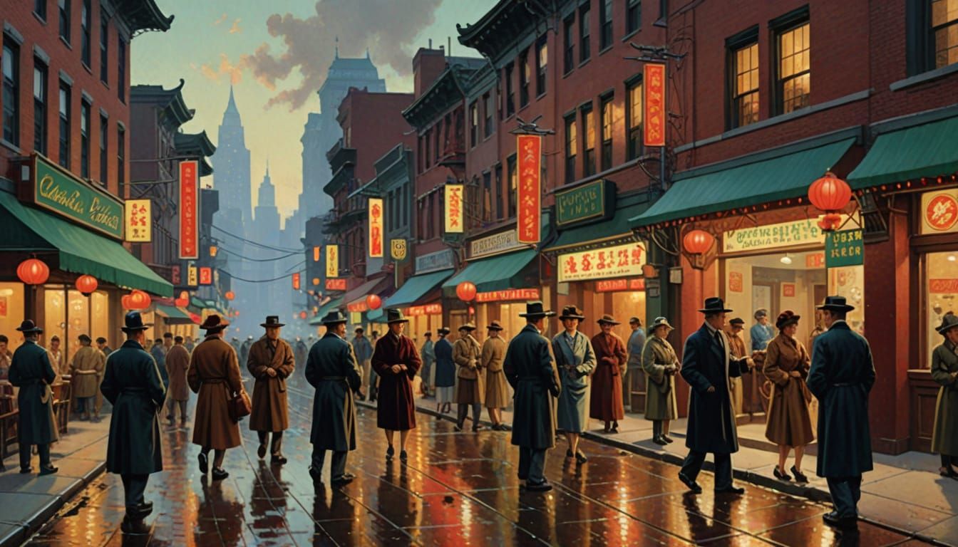 Chinatown Scene in Classic American Art Styles