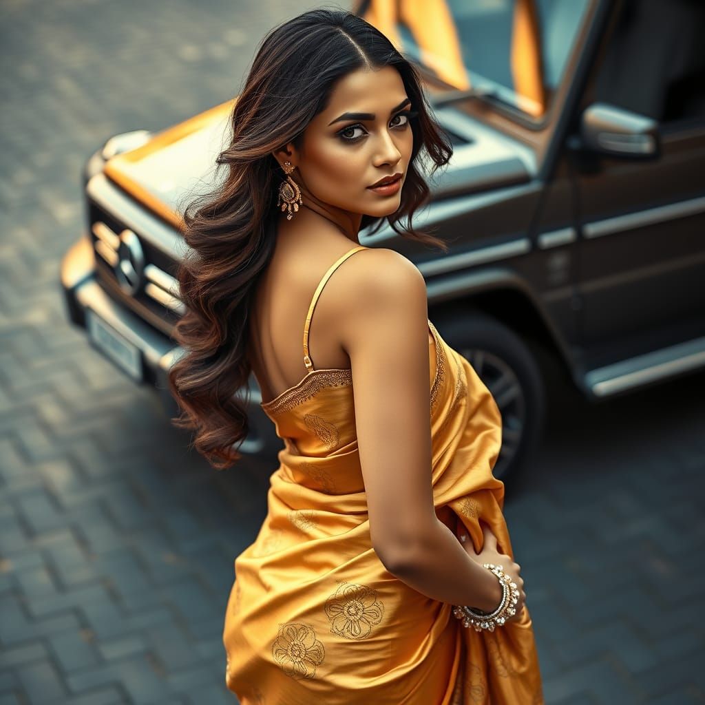 Confident Woman in Luxurious Golden Saree