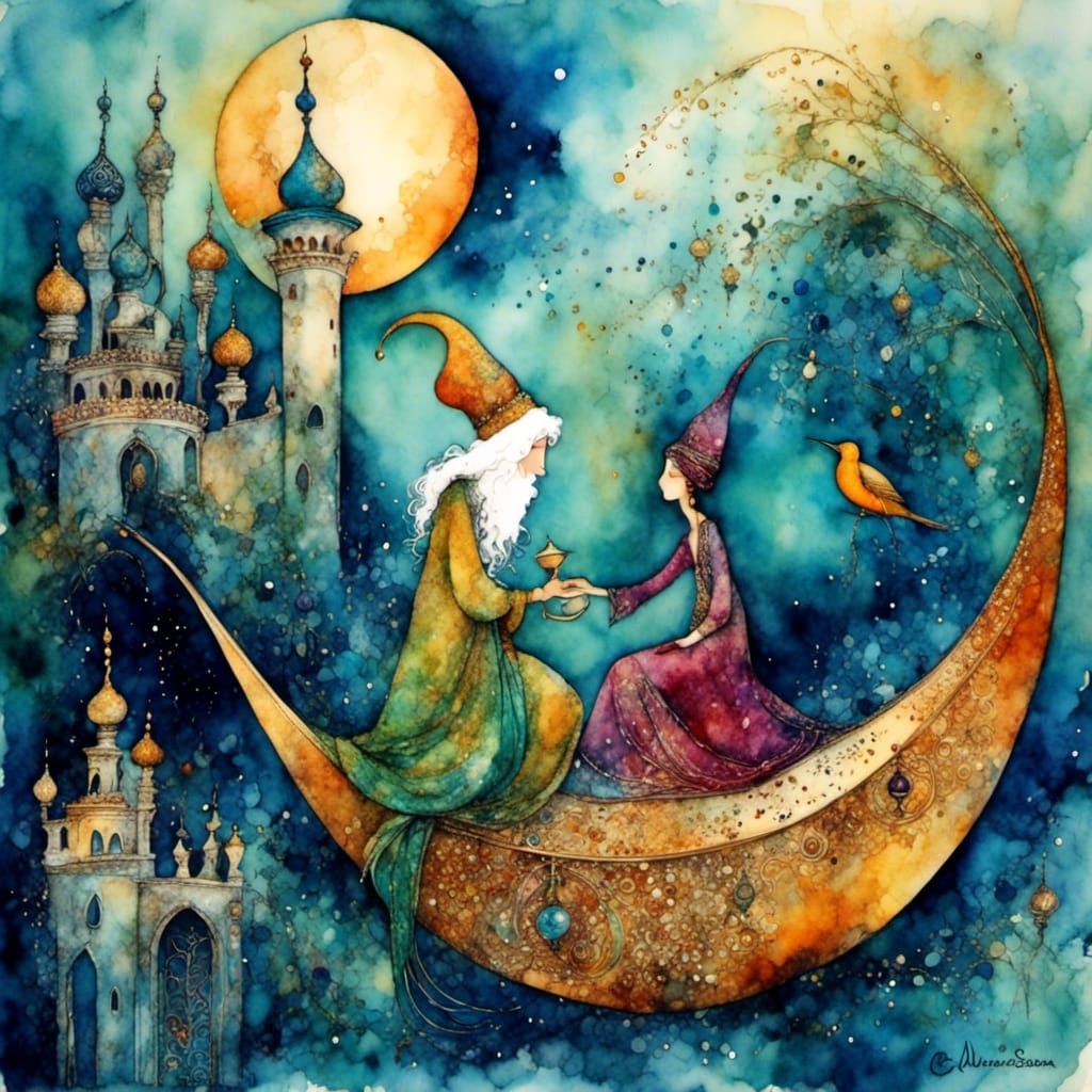 Beautiful Genie from 1001 Nights in Watercolor