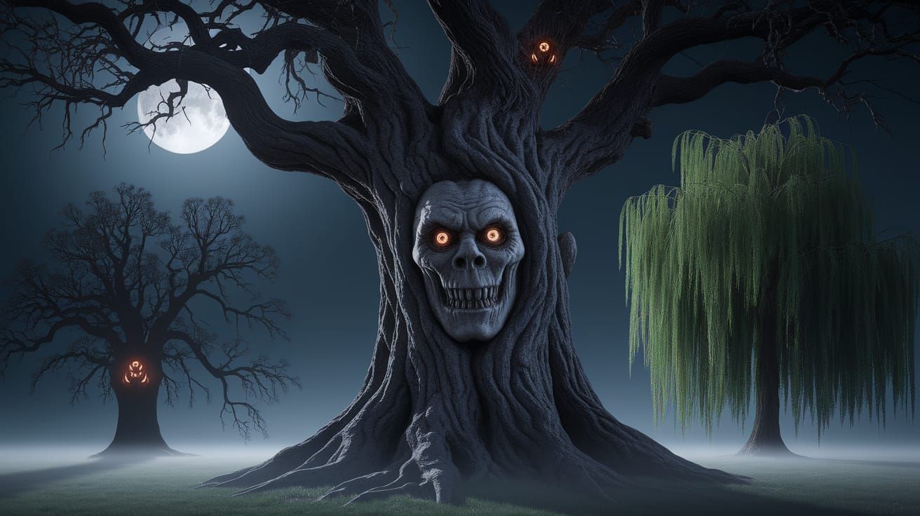 Ancient Oak Trees Under Moonlit Night