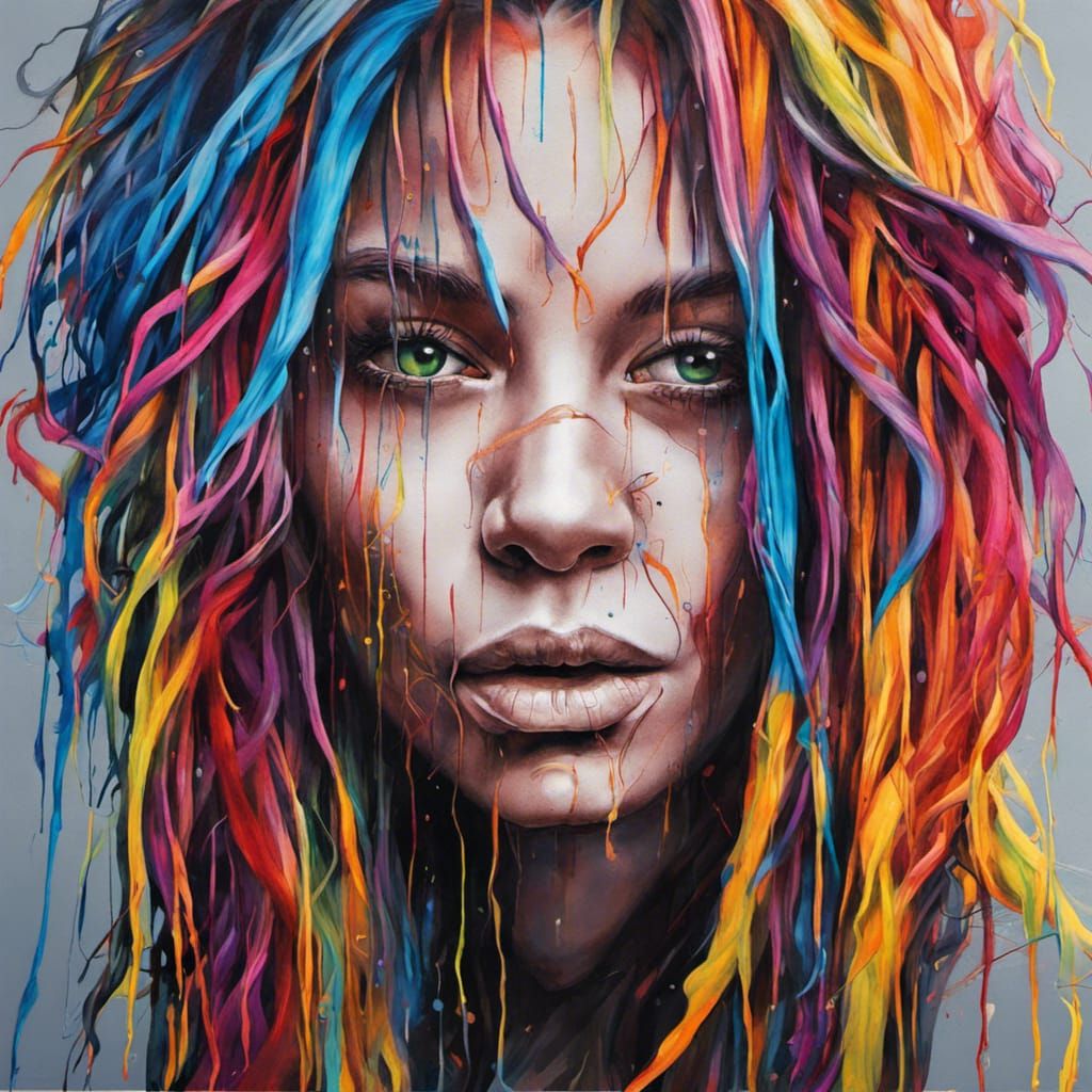 Thread-Hair Woman Portrait in Graffiti Art Style