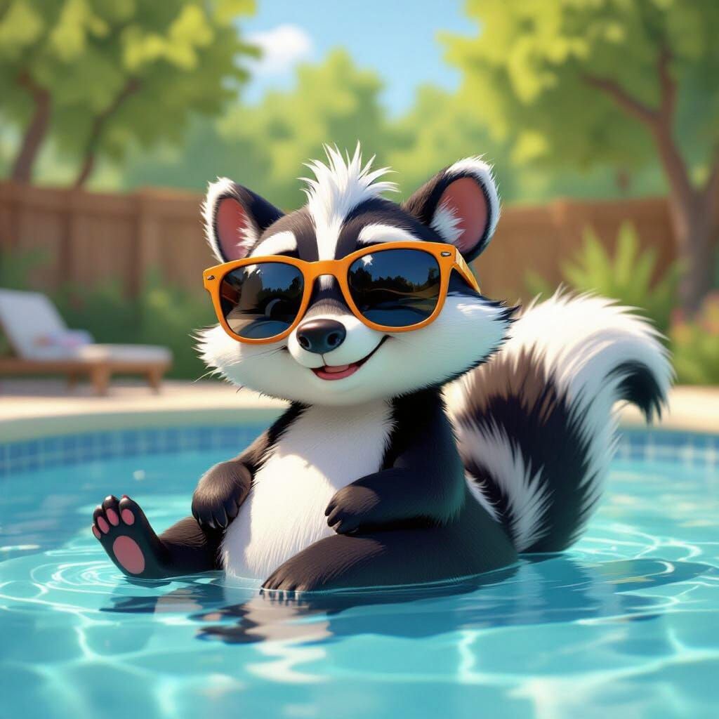 Skunk Lounging by Pool in Cartoon Style