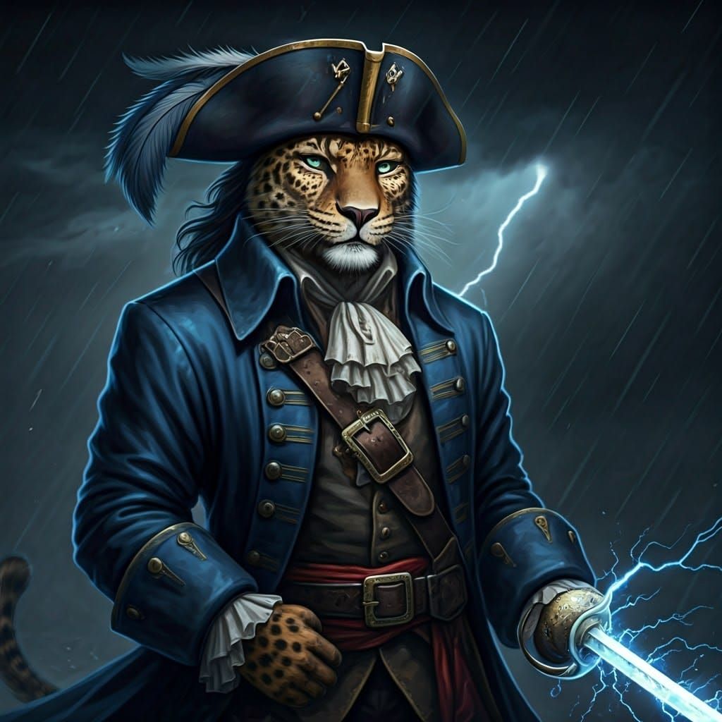 Leopard Pirate Swashbuckler in a Storm, Engraving Style