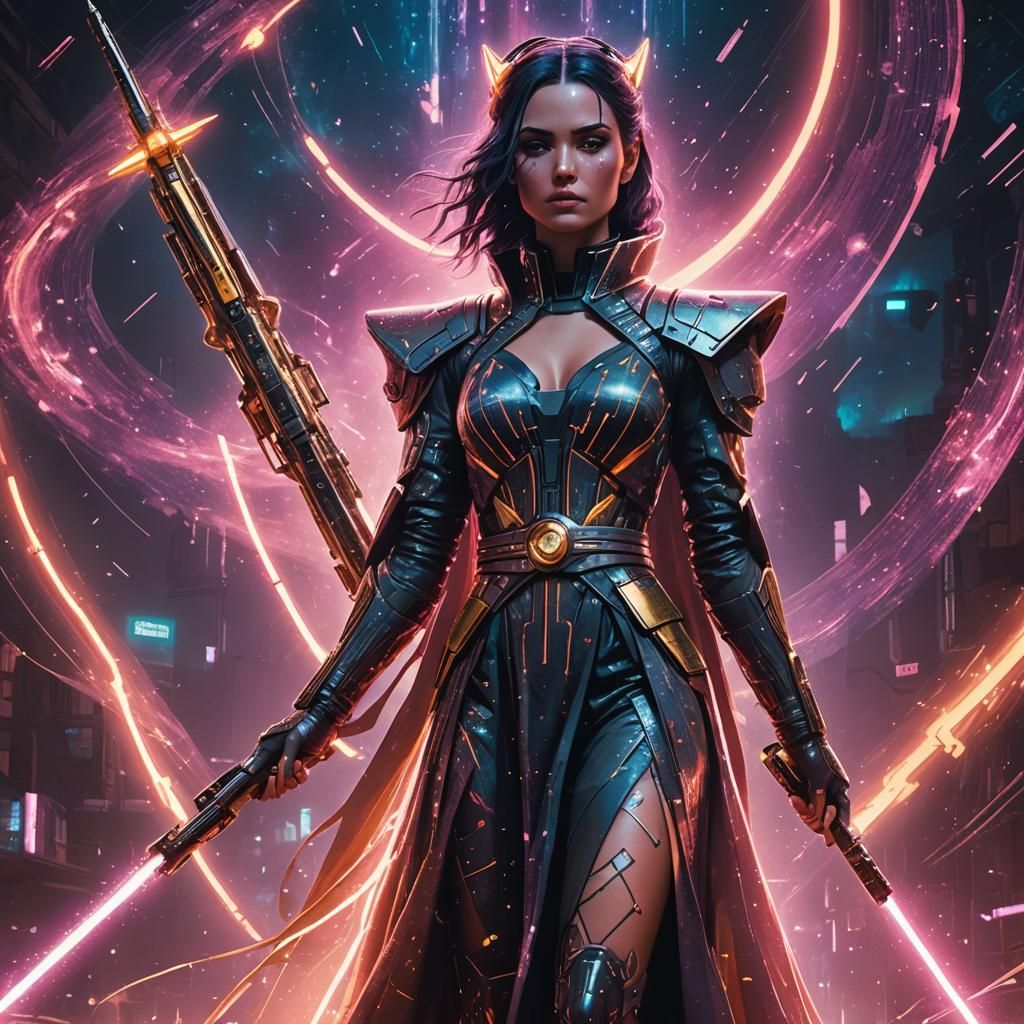 Cosmic Queen with Celestial Staff in Cyberpunk Style