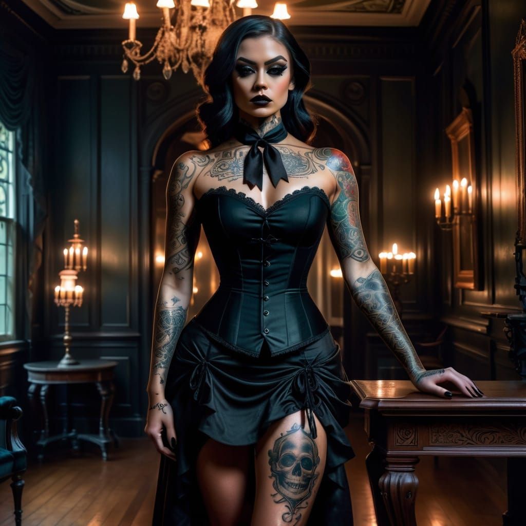 Elegant Victorian Siren with Intricate Tattoos