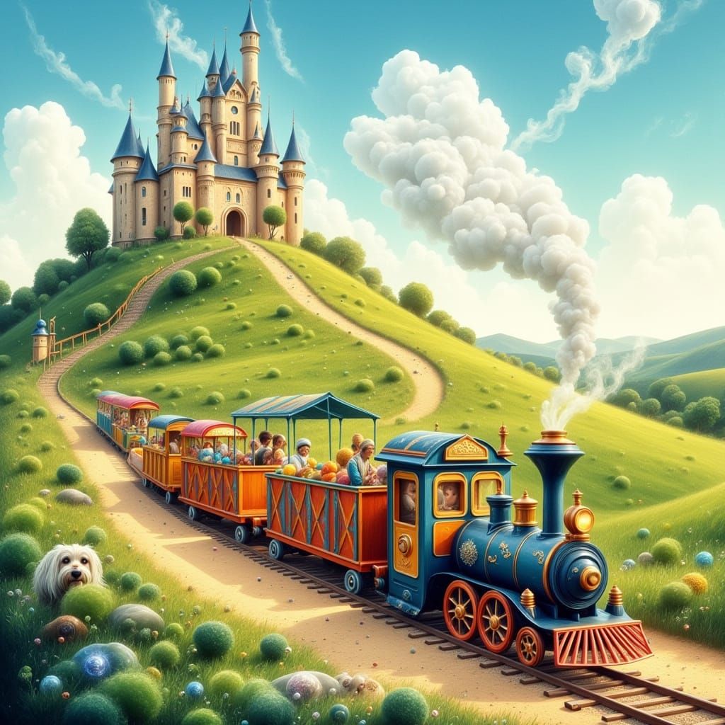 Toy Train Chugs Towards Whimsical Castle in Storybook Style