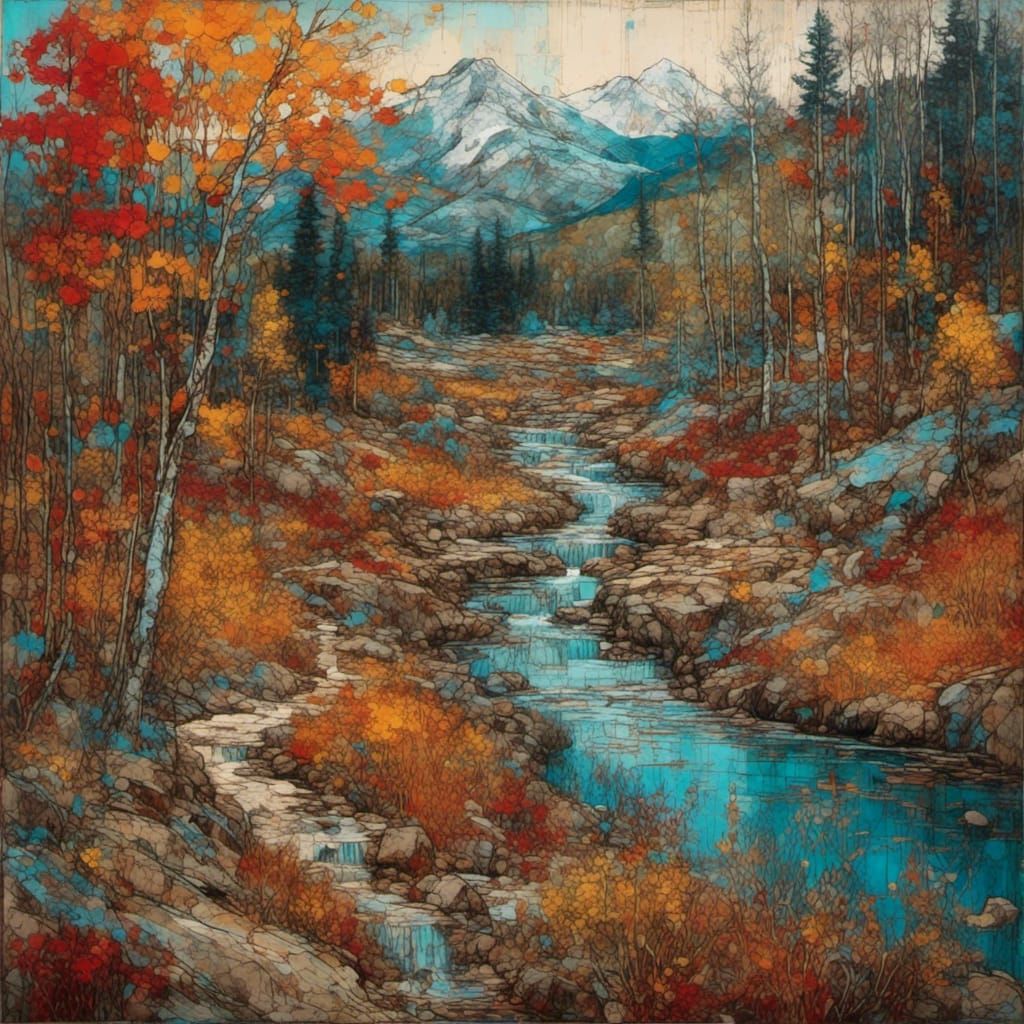 Encaustic Impasto Landscape in Art Brut Style