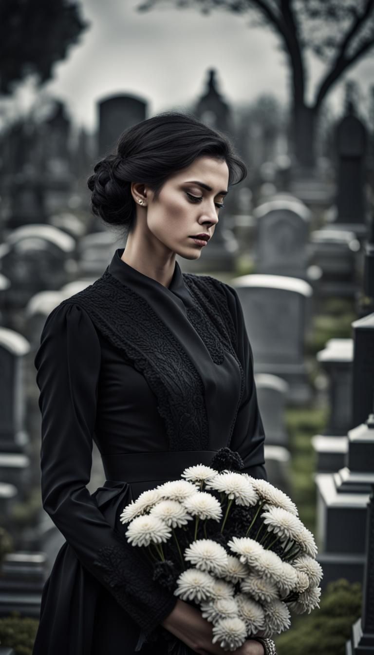 Mourning Woman in Cemetery with Chrysanthemums