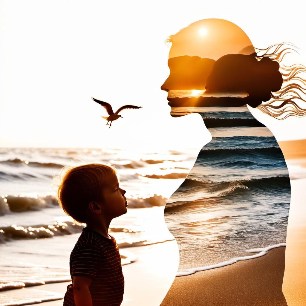 Mother and Child Silhouette Blended with Beach Scene