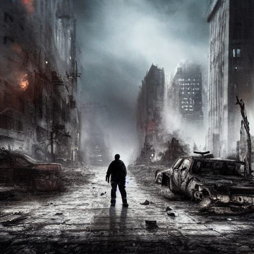 Apocalyptic Concept Art of Man in Ruined City