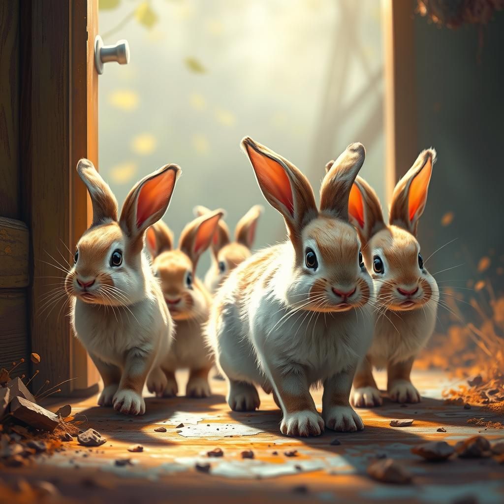 Adorable Bunnies Follow Mother in Hyperrealistic Splash Art