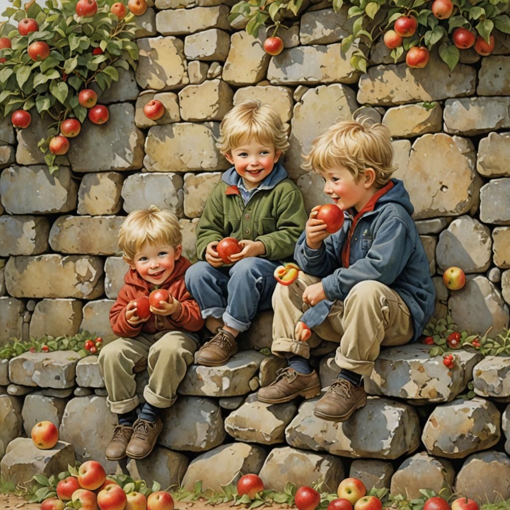 Boys Sharing Apples on Stone Wall, Illustrated Style