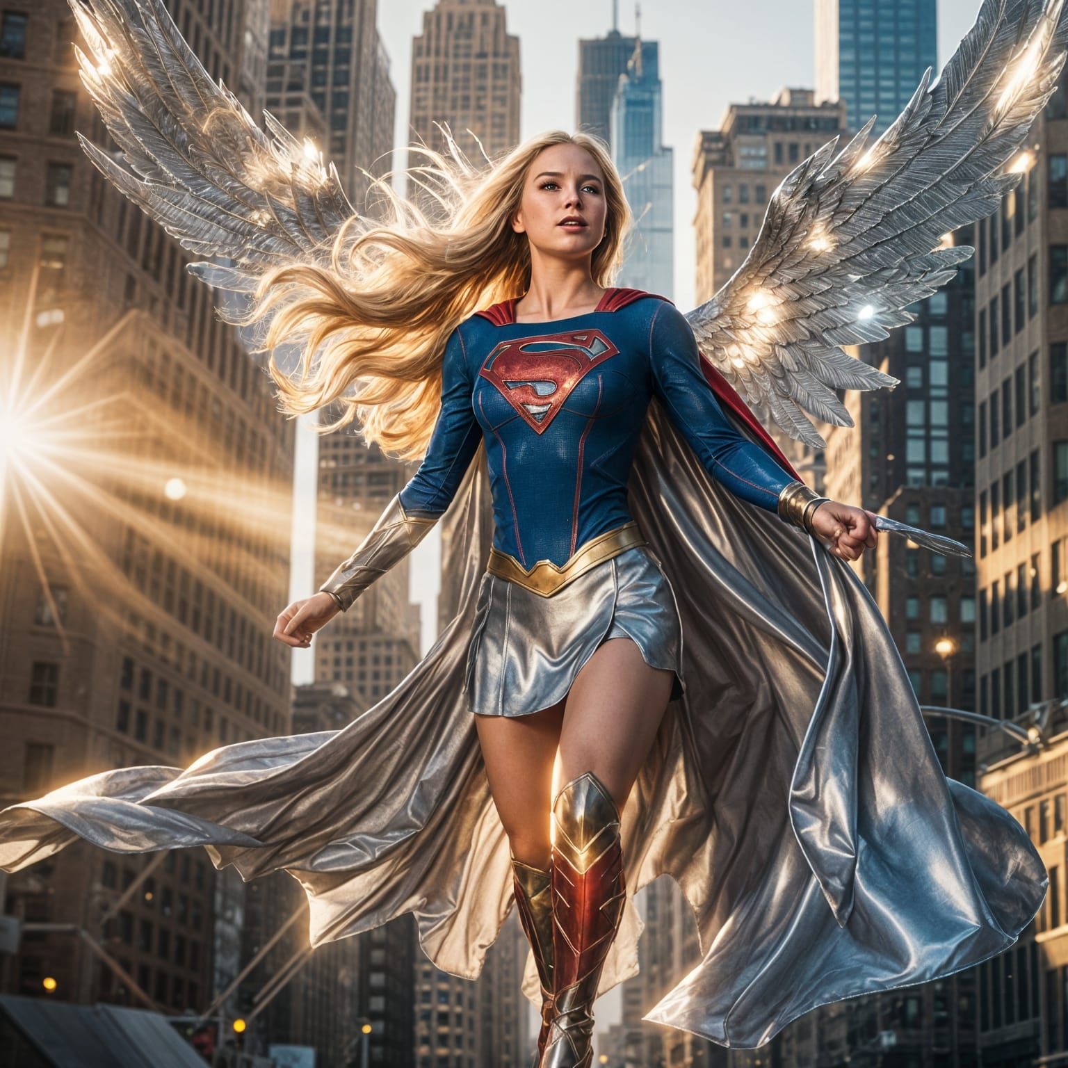 Supergirl Flying Over New York City in Silver Outfit