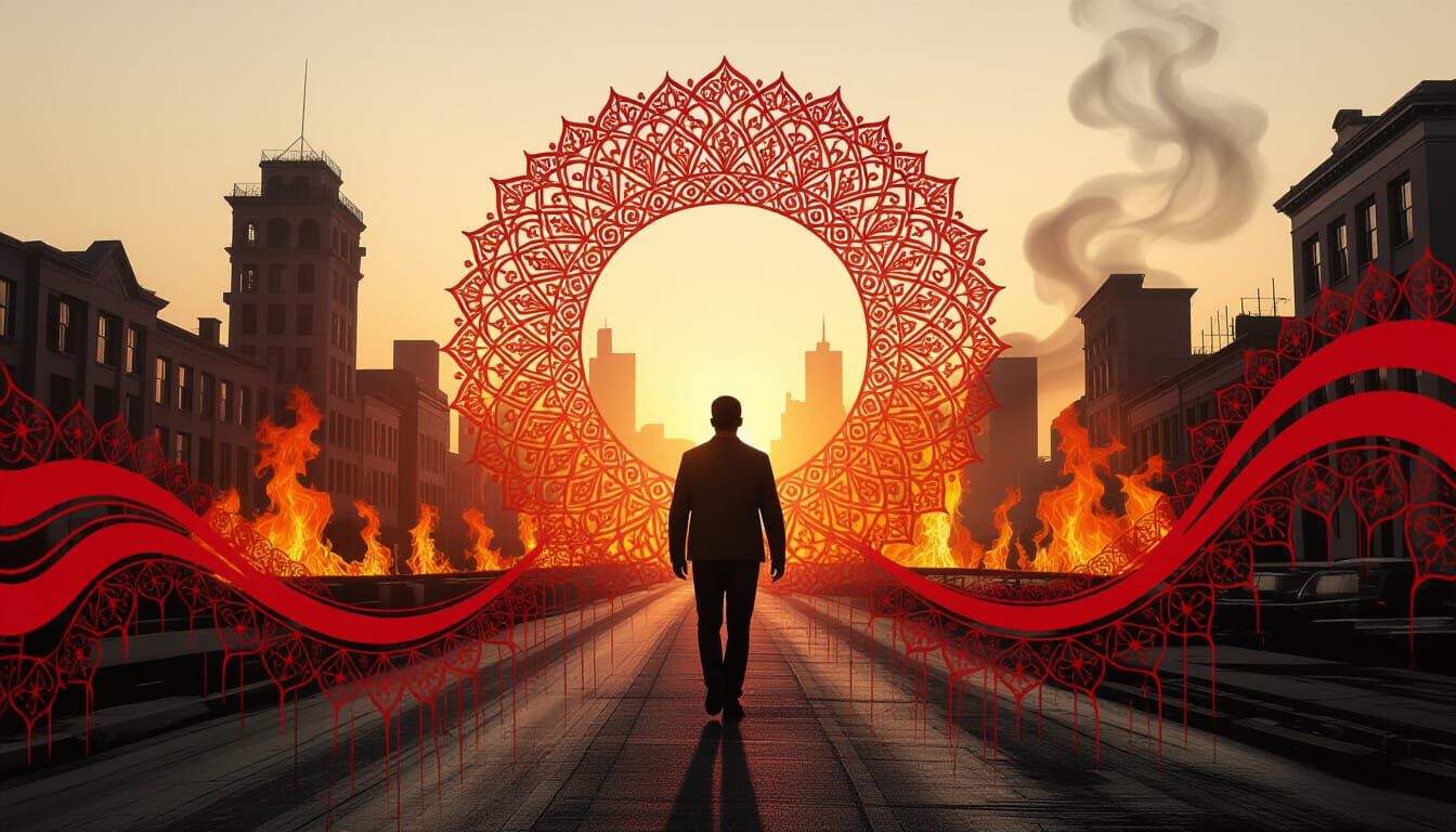 Burning City Double Exposure: Surreal Digital Art