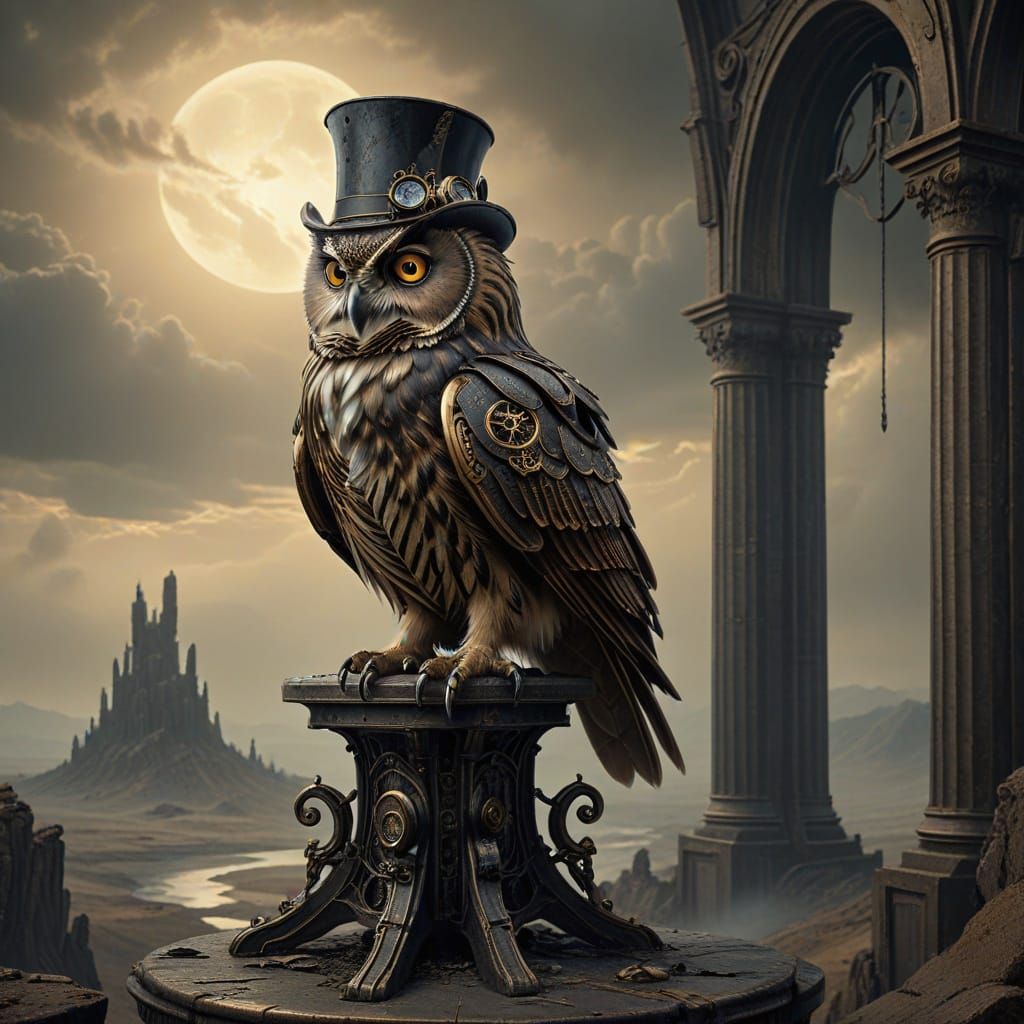 Dark fantasy concept art. A steampunk owl perched on a clock...