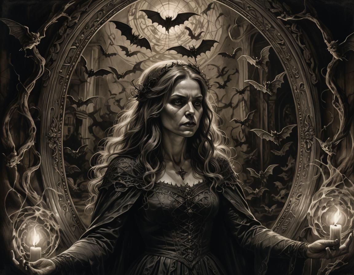 Eerie Witch in Mystical Chamber Charcoal Drawing